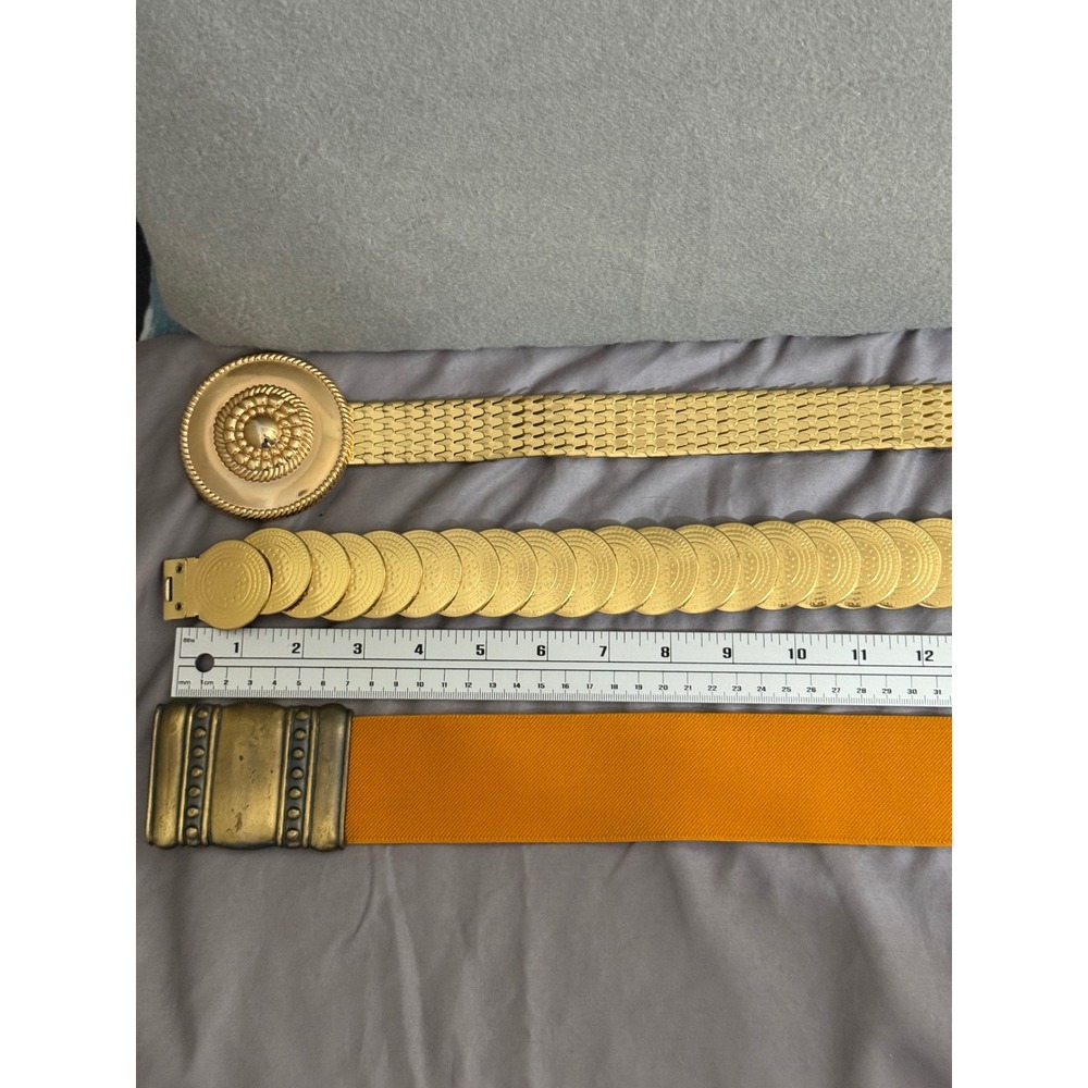 Vintage Gold Tone Metal Coin Scale Link and‎ Mustard Yellow Elastic Belt Set 3pc - Picture 13 of 16
